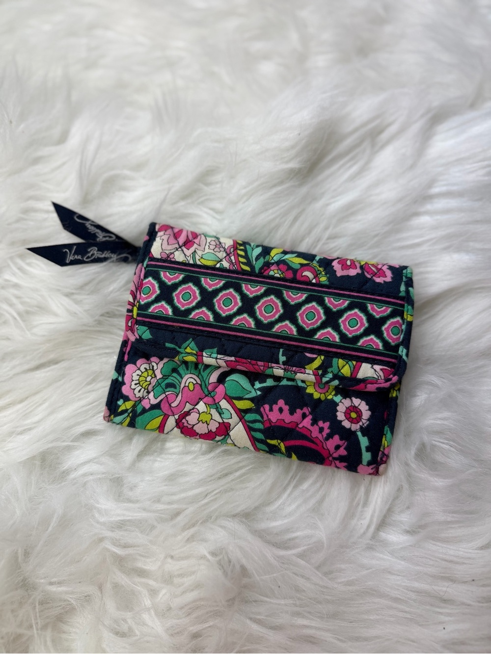 Vera Bradley Navy Floral Quilted Bifold Wallet with Pink & Green Accents